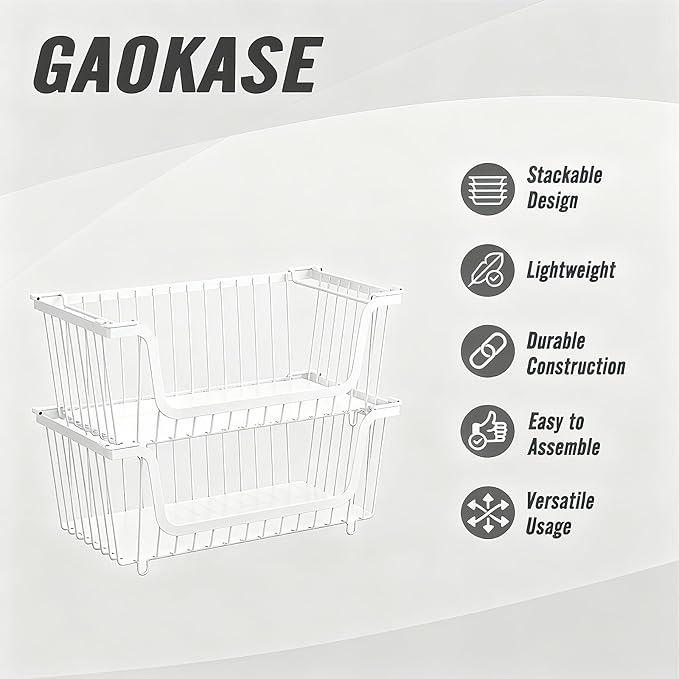 4 Pcs Stackable Wire Baskets for Pantry Organizers and Storage,Vegetable Fruit Basket for Countertop,Kitchen Storage Metal Baskets,Produce Potato Onion Storage Bin,White