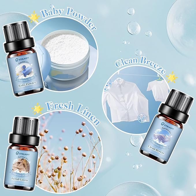 Clean Essential Oils Set, Laundry Collection Essential Oils Set, Pack of 6 Fragrance Oil for Diffuser for Home, Use with Wool Dryer Balls Scents - Fresh Linen, Clean Breeze, Eucalyptus and Cotton