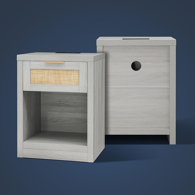 Nightstand Set of 2, Rattan Night Stand with Type-C Charging Station, Bedside Table with Drawer, Boho Bed Side Table End Table Accent Table for Bedroom Living Room (Pale Oak)