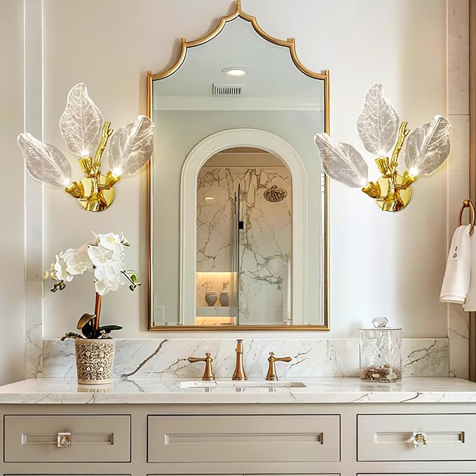 LED Gold Wall Sconces, Dimmable Modern Wall Lights, Bionic Leaf Vanity Light Fixtures for Bathroom, Bedside Wall Lamp Perfect for Bedroom, Living Room, Kitchen,Hallway (1 pcs,Gold)