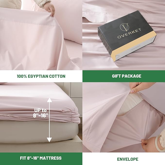 100% Egyptian Cotton Sheets King Size 4PCS 1000 Thread Count Sateen Weave Soft Breathable 16-Inch Deep Pocket (King,Light Pink)