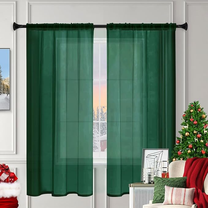 Sheer Curtains 54 Inches Long 2 Panels, Rod Pocket Short Curtain for Kitchen, Bedroom, Cafe Window(Foliage Green 38" W x 54" L)