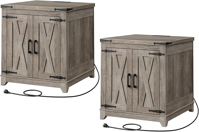 Farmhouse End Table Set of 2, Sofa Side Table with Charging Station and Adjustable Shelf, Wooden Nightstand for Living Room, Bedroom, Greige