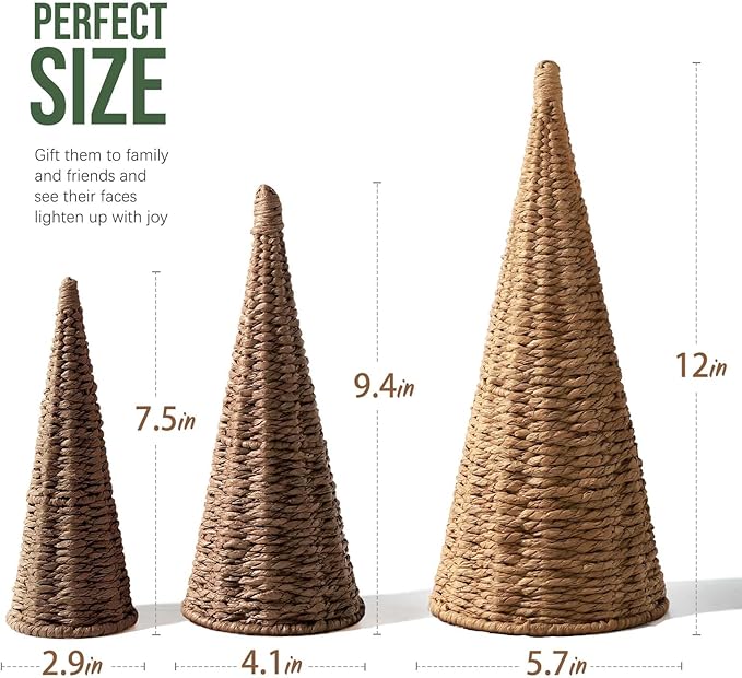 3pcs Natural Woven Christmas Trees Decor, Artificial Christmas Tree Decorations for Home Party Table Village Craft Indoor Outdoor Vintage Christmas Decor(Khaki+Dark Brown+Dark Khaki)