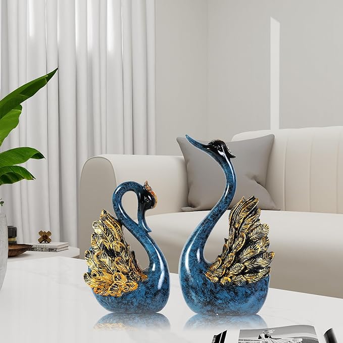 2pcs Swan Statues Couple's Home Decorations for Living Room Decor and Accessories, Sculptures Home Decor for Coffee Table, Book Shelf Decor Accents (Blue)