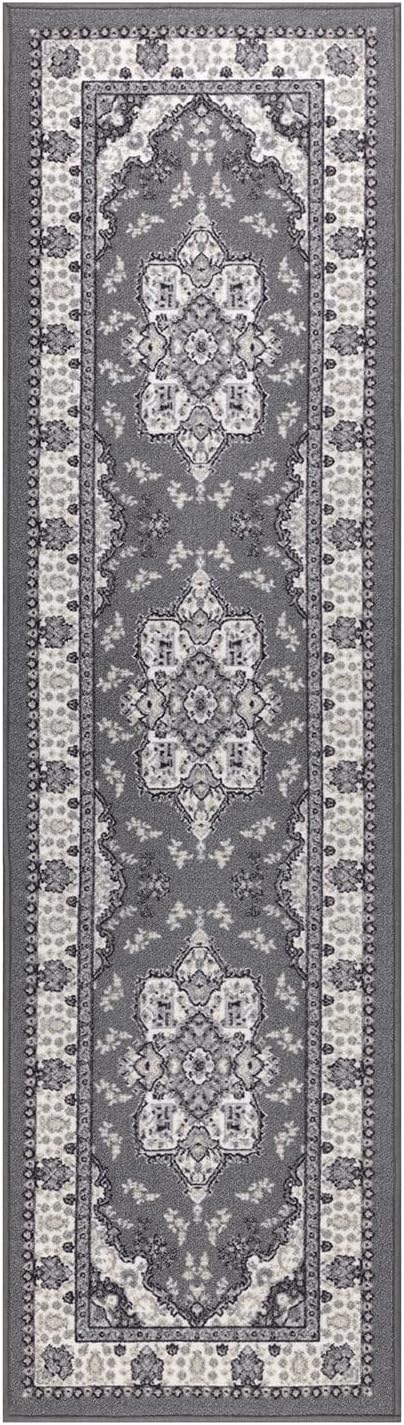 Antep Rugs Alfombras Oriental Traditional 2x10 Non-Skid (Non-Slip) Low Profile Pile Rubber Backing Indoor Runner Rugs (Gray, 2' x 10')