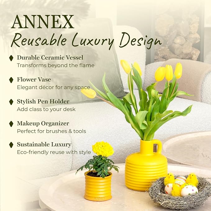 Scented Luxury Candles in Handmade Ceramic Jars, Soy Wax | Flower Bomb β Lily of The Valley & Jasmine, Large Candle | Non Toxic, 2 Wicks, Reusable Yellow Jar | Natural Spring Aromatherapy for Women