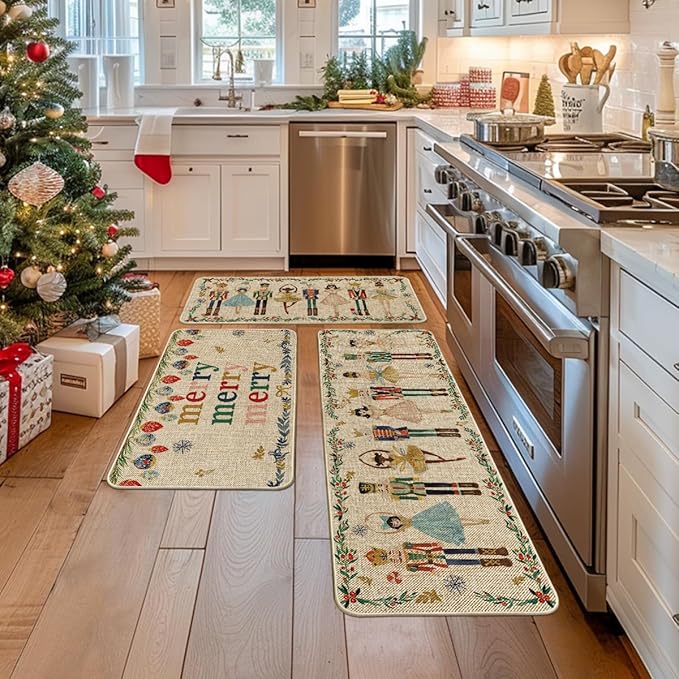 Artoid Mode Watercolor Nutcrackers Merry Christmas Decorative Kitchen Mats Set of 2, Home Party Low-Profile Kitchen Rugs - 17"x29"+17"x36"+17"x47"
