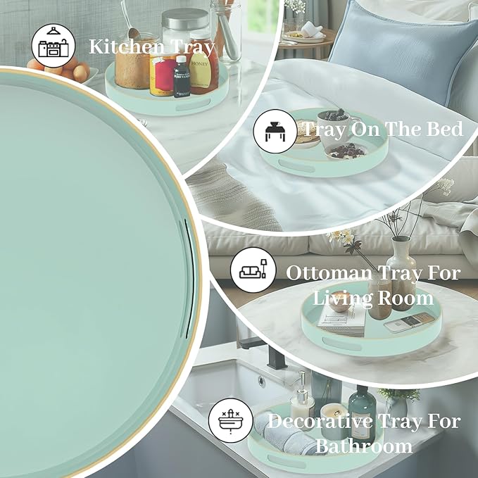 MAONAME Mint Green Decorative Tray for Coffee Table, Modern Round Serving Trays with Handles, 13" Plastic Tea Trays for Ottoman, Bathroom Decor