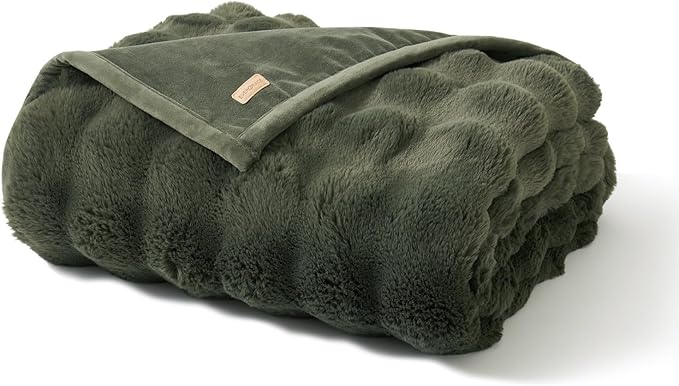 EverGrace Ultra Soft Luxury Fluffy Faux Rabbit Fur Throw Blanket, Thick Warm Bubble Throw for Bed, Cozy Plush Reversible Blankets for Couch, Chair, Sofa, Green, 60x80 Inches
