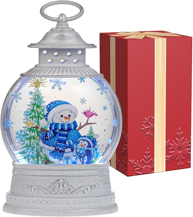 Christmas Snow Globes Lantern, Lighted Blue Snowman Decor with Music Timer Swirling Glitter Snow Globe Penguin Christmas Tree, USB or Battery Operated