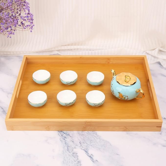 3 Pack Large Bamboo Serving Tray with Handles - 16 x 11.6 Inch Wooden Dinner Tray, Home Kitchen Decorative Tray, Breakfast Trays for Eating on Couch, Lap Trays, Coffee, Kitchen, Picnic