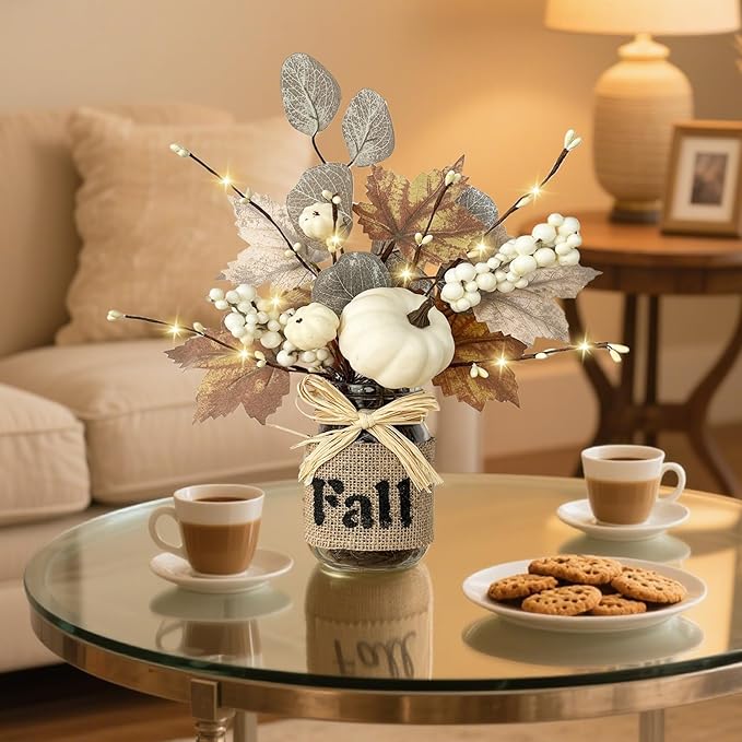 2 Pack 13.5 Inch Fall Decorations for Home Fall Table Centerpieces with 20 LED Lights Timer, Mason Jar with Maple Leafed Pumpkins Berried Thanksgiving Fall Home Decor for Table Coffee Table Bathroom