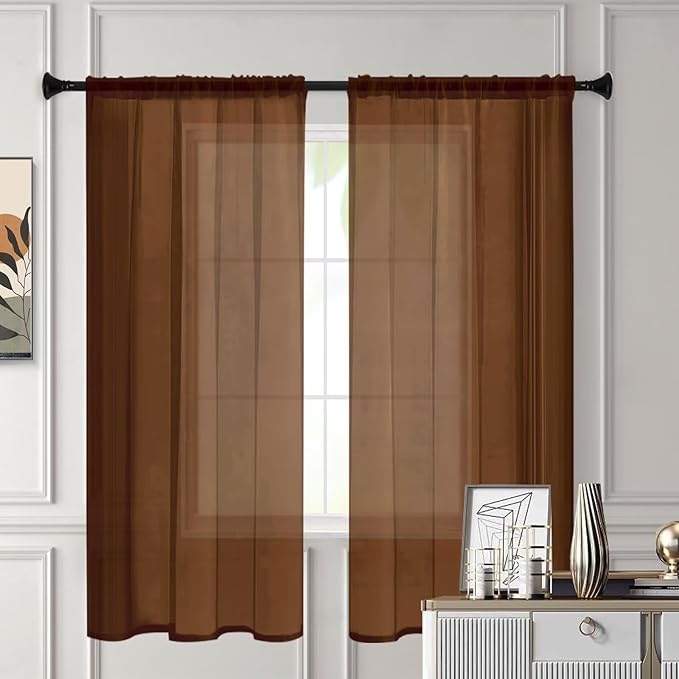 Sheer Curtains 72 Inches Long 2 Panels, Rod Pocket Short Curtain for Kitchen, Bedroom, Cafe Window(Brown 38" W x 72" L)