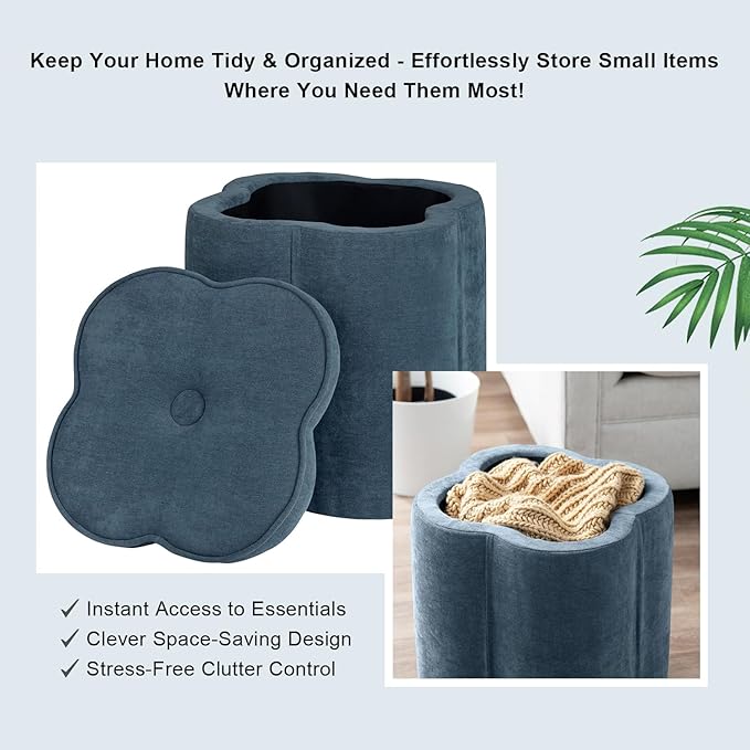 Crestview Collection Flower Pouf Ottoman with Storage,Chenille Fabric Foot Rest for Couch, Small Mordern Footstool for Vanity, Bedroom, Living Room,Under Desk, Navy Blue,18 inches