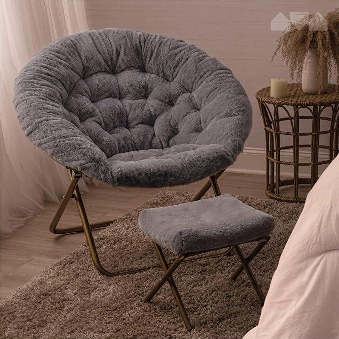 Milliard Cozy Chair with Footrest Ottoman/Faux Fur Saucer Chair for Bedroom/X-Large (Grey)