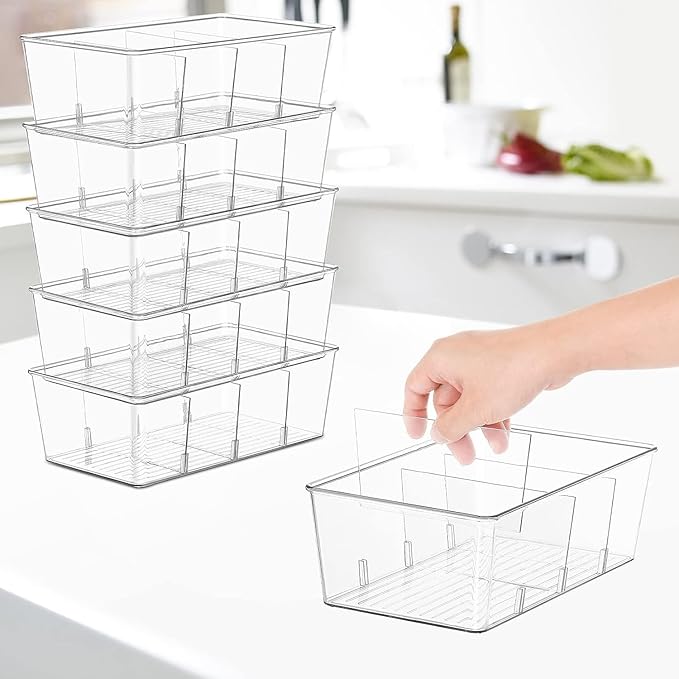 wilfox Pantry Organizer, 7 Pack Clear Bins with Removable Dividers, Pantry Organizers and Storage, Fridge and Cabinet Organizer for Snack, Pouches, Spice Packets