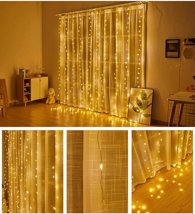 300 LED Curtain String Lights, Twinkle Fairy Lights for Bedroom with 8 Lighting Modes, USB Christmas Lights for Party Home Bedroom Indoor Wall Room Decor (Warm White)