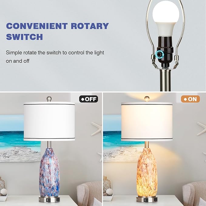 26" Coastal Glass Table Lamps Set of 2,Nautical lamp with USB A+C Ports & AC Outlet,Bule Bedside Lamps with 3-Way Dimmable Touch Control Night Light for Bedroom Living Room(Bulbs Included)