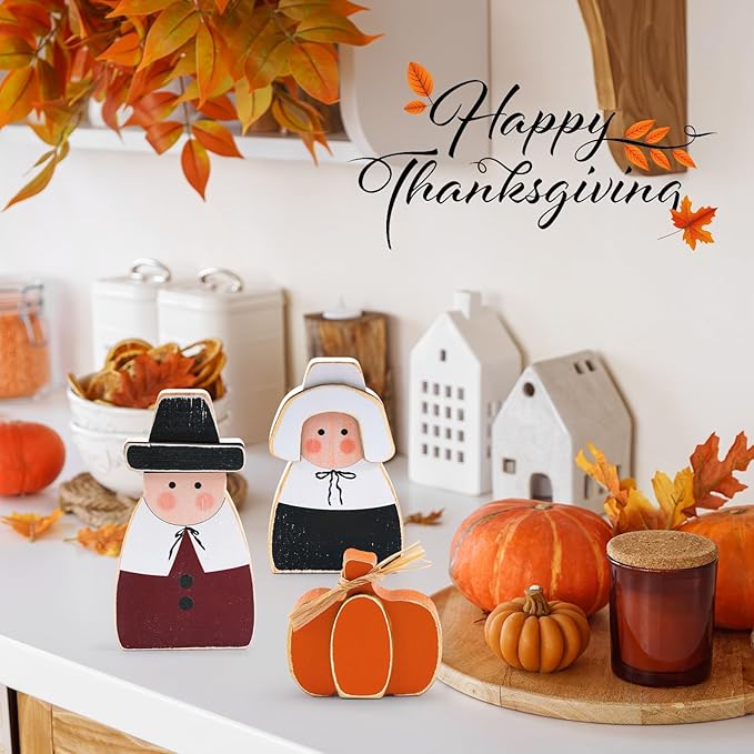 3 Pcs Fall Thanksgiving Decorations Wooden Pumpkin Pilgrim Couple Table Sign Harvest Standing Tabletop Signs for Thanksgiving Fall Home Indoor Decor
