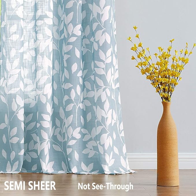 Blue White Curtains for Studio Living Room 54" Length Leaves Print Semi-Sheer Curtain Panels for Kitchen Window, Grommet Top, 2 Pack