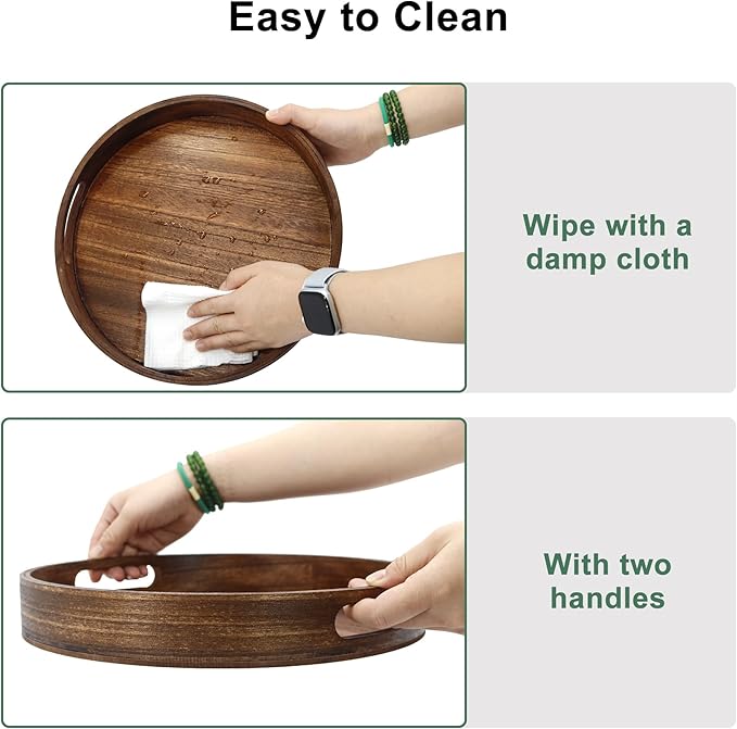 Round Decorative Tray, Extra Large Wooden Serving Tray with Handles, 11.8in Vintage Brown Decorative Trays for Coffee Table,Kitchen Counter,bandejas decorativas