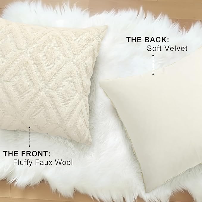 decorUhome Couch Throw Pillow Covers 20x20 Set of 2, Decorative Soft Plush Faux Wool Neutral Accent Pillow Covers for Bed Sofa Living Room, Beige