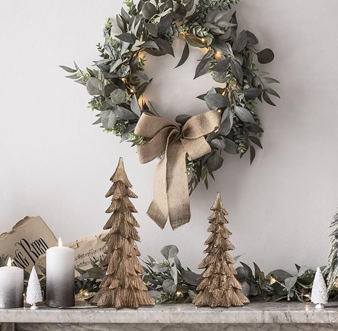 MEETYAMOR Christmas Decorations Indoor, Set of 2 Golden Resin Christmas Trees for Table Decor, Farmhouse Rustic Xmas Decorations Figurines for Home, Kitchen, Mantle, Shelf