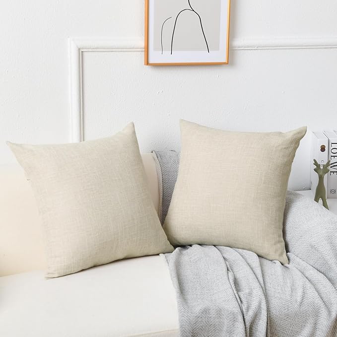 JIUZHEN Beige 20x20 Inch Faux Linen Pillow Covers Set of 2, Neutral Farmhouse Cushion Covers for Sofa Bed, Washed Textured Zippered Pillowcase