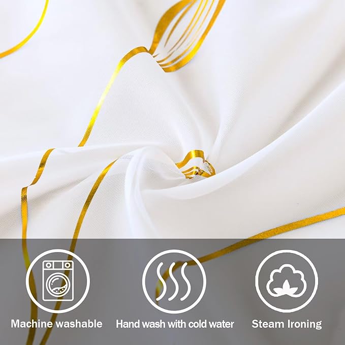 Gold Foil Print Sheer Curtains 84 inches Long, 2 Panels Ginkgo Bronzing Treatment Sheer Curtain, Rod Pocket Window Treatment Panels for Bedroom Living Room
