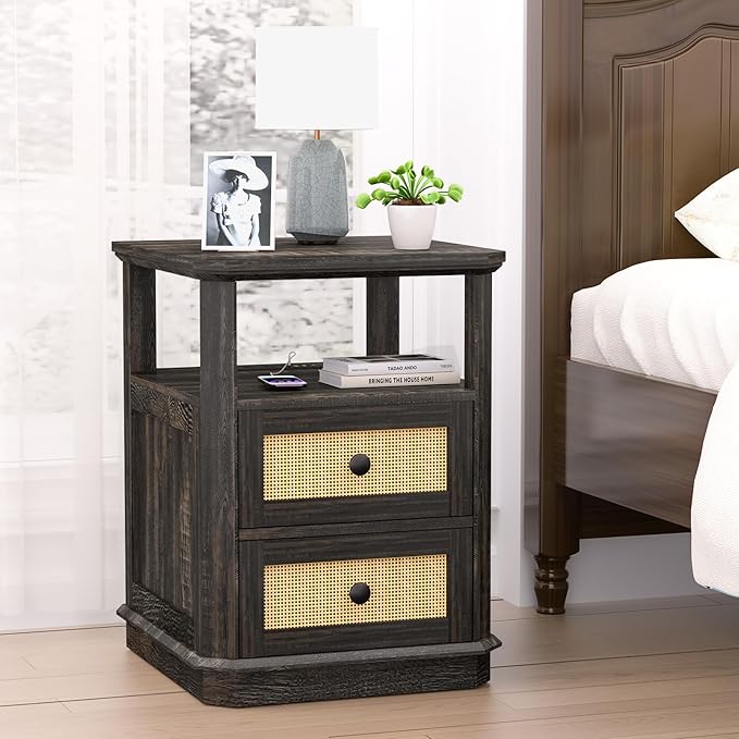 End Table Set of 2 with Charging Station, 24” Tall Sofa Side Table with Rattan Drawer, Anti-Collision Angle Wooden Night Stand for Living Room, Bedroom, Office.