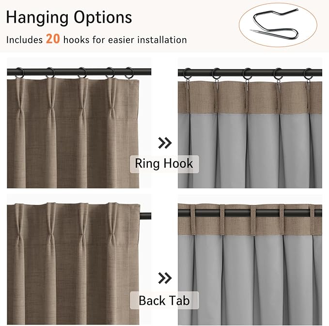 100% Blackout Shield Linen Look Textured Pinch Pleated Curtains Blackout Drapes 102 Inch Long 2 Panels Set, Faux Linen Blackout Curtains for Bedroom & Living Room, 40" W x 102" L, Linen Brown