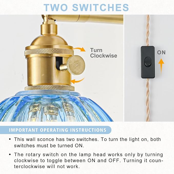 Plug in Wall Sconce, Vintage Sconce Light with Tulip Sky Blue Glass Lampshade, 180° Adjustable Wall Sconce with Switch and Plug in Wall Lamp Cord, Gold Wall Light for Bedroom Bedside