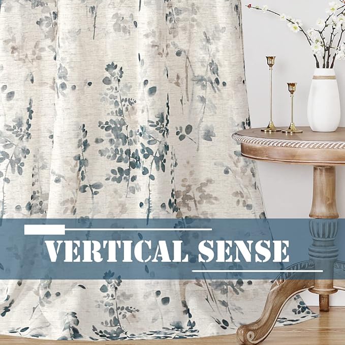 H.VERSAILTEX Linen Sheer Curtains for Living Room Sheer Panels 84 Inches Long Light Filtering Tab Top Window Treatment Drapes for Bedroom, 2 Panels, Vintage Classical Floral Print Bluestone and Taupe