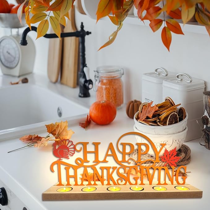 Metal Happy Thanksgiving Sign, Tiered Tray Decor with 18 Pcs Tealights, Orange Fall Decorations Tea Lights Candles Holders for Home, Office, Shelf, Mantel, Indoor, Table, Autumn Decoration