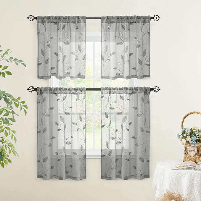 HOMEIDEAS Grey Sheer Kitchen Curtains 30 X 36 Inch Length 2 Panels Embroidered Leaf Pattern Short Curtains for Small Window Valance Tiers