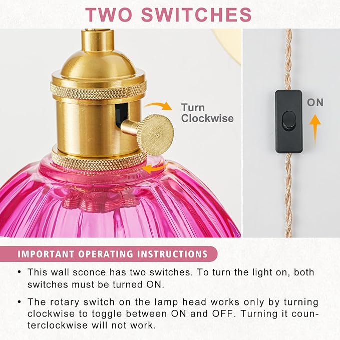 Plug in Wall Sconce, Vintage Sconce Light with Tulip Ruby Red Glass Lampshade, 180° Adjustable Wall Sconce with Switch and Plug in Wall Lamp Cord, Gold Wall Light for Bedroom Bedside