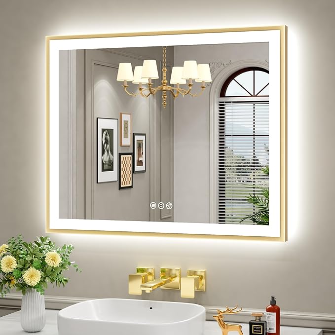 40x32 LED Mirror for Bathroom with Gold Frame, Backlit and Front Lighted Bathroom Mirrors for Wall, Stepless Dimmable Vanity Mirror with Lights, Anti-Fog, Memory,Shatterproof