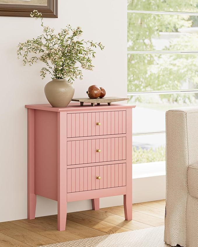 Fluted Nightstand, Farmhouse Night Stand with 3 Drawers, Mid Century Modern Side Accent Table,Bedside End Table for Bedroom, Living Room, Pink