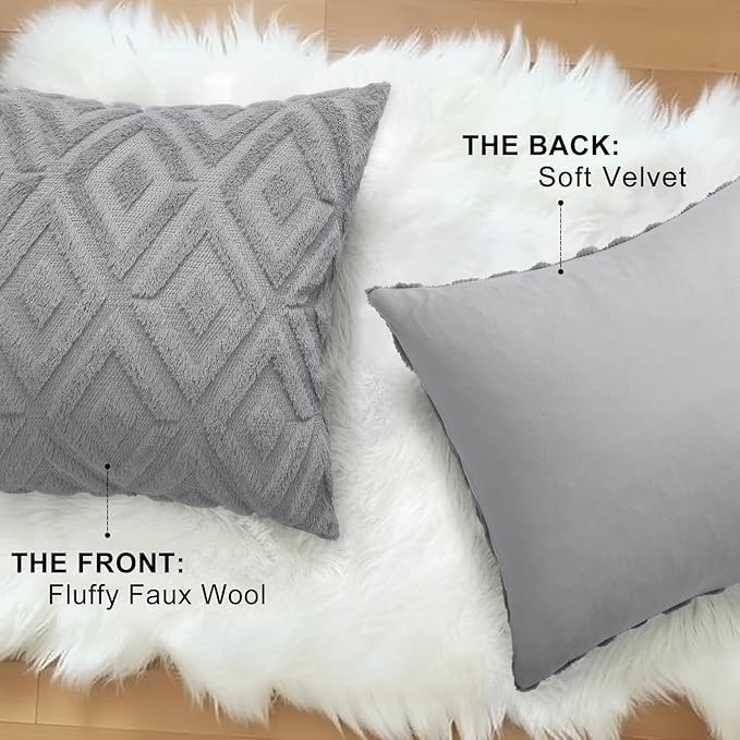 decorUhome Couch Throw Pillow Covers 16x16 Set of 2, Decorative Soft Plush Faux Wool Neutral Accent Pillow Covers for Bed Sofa Living Room, Grey