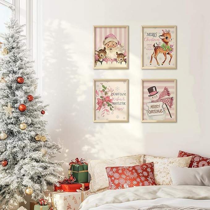 PLKMN Pink Christmas Wall Art Prints Set of 4, Vintage Santa Claus Snowman Wall Art Decor, Merry Christmas Decor for Gallery, Living Room, Bathroom, 8x10 (Unframed)