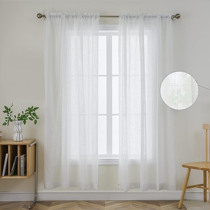 Joydeco White Sheer Curtains 72 Inch Length 2 Panels Set, Rod Pocket Linen Sheer Curtain Drapes, Voile Window Treatments for Bedroom Living Room (54x72 inch,Cross Pattern)
