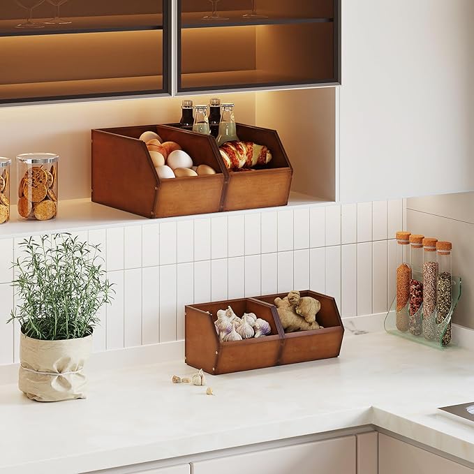 2 Set Bamboo Pantry Storage Bins Wood Stackable Baskets Potato and Onion Storage Bins Fruits Vegetable Bread Organization for Kitchen Counter