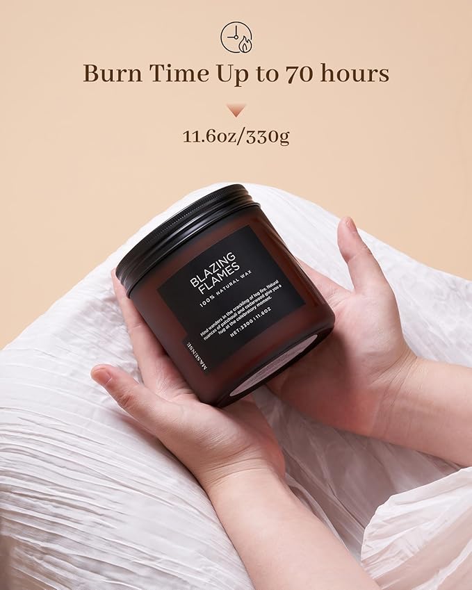 M&SENSE Blazing Flame Scented Candles with Log Fire - Cade & Patchoulli Scent, 70 Hours 11.6oz Natural Soy Wax for Home Decor Housewarming Gift, 2 Cotton Wick Candle for Celebration