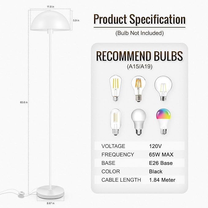 Floor Lamp for Bedroom Modern, Lamp with Mushroom Lampshade, 65.5" Tall Floor Lamp, E26 Base, Footswitch, ETL Listed, Industrial Standing Lamps for Living Room Nursery, Mid Century Home Decor, White