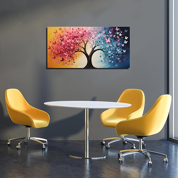 GUGIKA Tree Wall Art for Living Room, Pink Gold and Blue Butterflies Canvas Wall-Decor for Bedroom, Natural Picture Print for Hallway, Size 40x20 Inches