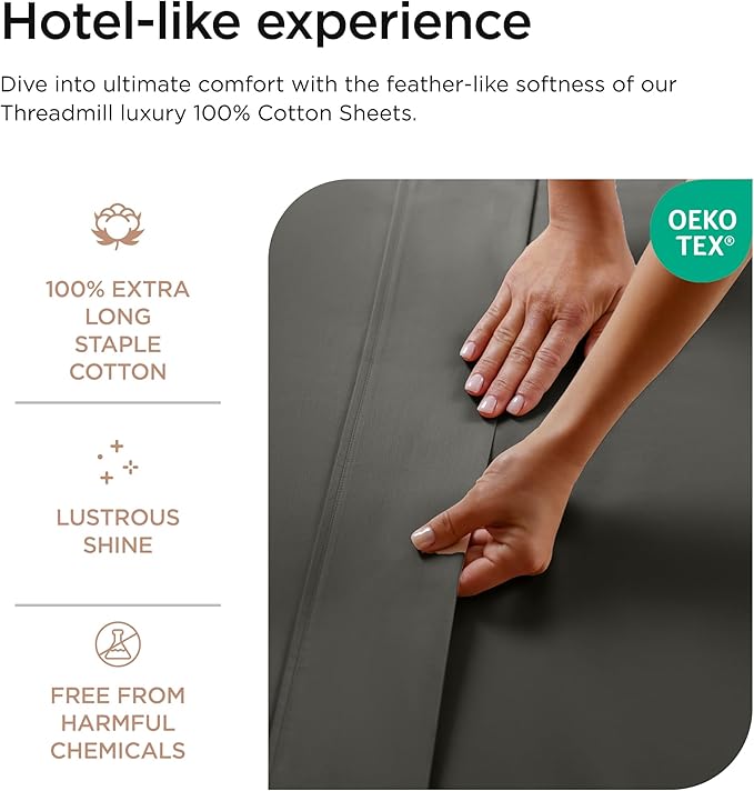 Threadmill Luxury 800 Thread Count 100% Cotton Sheets - Sateen Weave Twin XL Bed-Sheets, Better Than Egyptian Cotton,3 Pc Solid Soft Bedding Set (Dark Grey), Fits 15" Deep Pocket