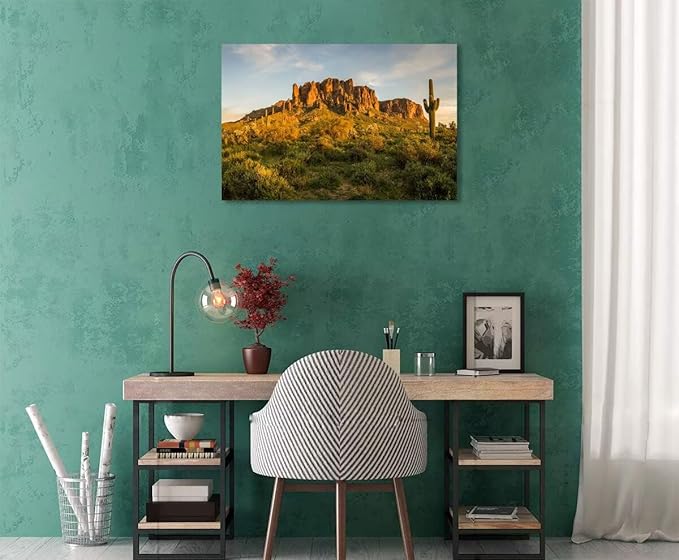Sunset at Superstition Mountain Wall Art for Living Room Bedroom Bathroom Home Decorations USA AZ Cactus Picture Poster Canvas Prints Framed Ready to Hang(18''H x 24''W)