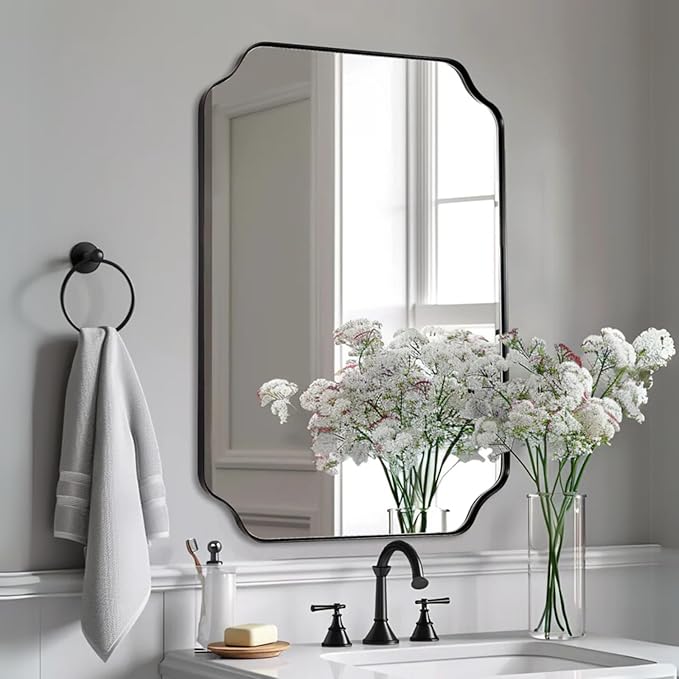Black Bathroom Mirrors for Wall, 24x36 Inch Black Scalloped Rectangle Mirror with Rounded Notched Corner in Stainless Steel Frame Wall Mounted Vertical or Horizontal Ideal for Home Decor