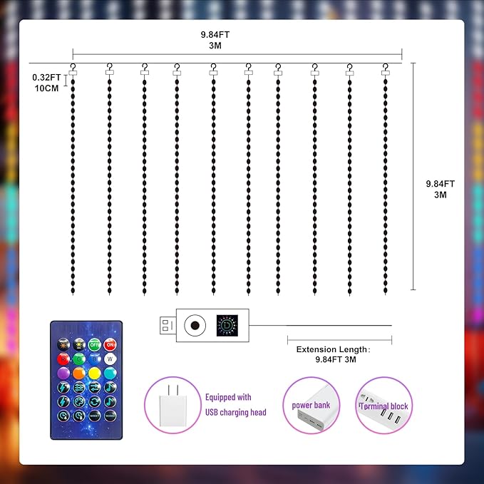 HXWEIYE 300LED Fairy Curtain Lights, 9.8x9.8Ft Unlimited RGB Colors Changing with Remote & APP Control,Smart Hanging Fairy String Lights, Music &Voice Sync,USB Christmas led Lights for Party Bedroom